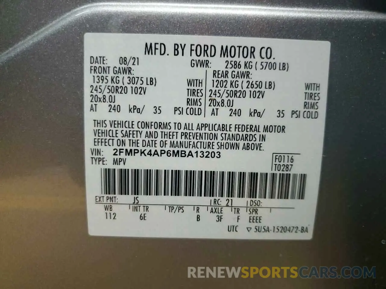13 Photograph of a damaged car 2FMPK4AP6MBA13203 FORD EDGE 2021