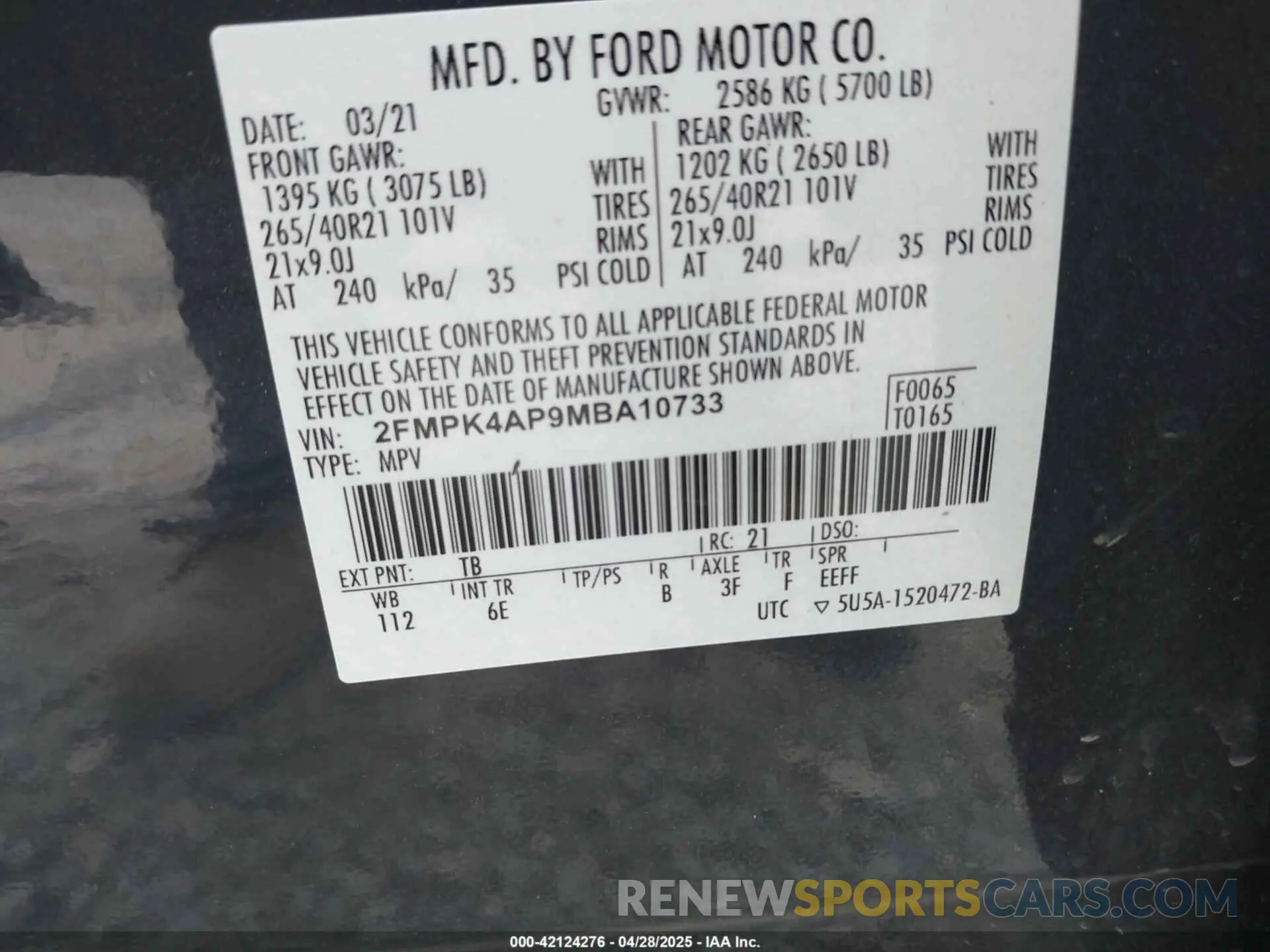 9 Photograph of a damaged car 2FMPK4AP9MBA10733 FORD EDGE 2021