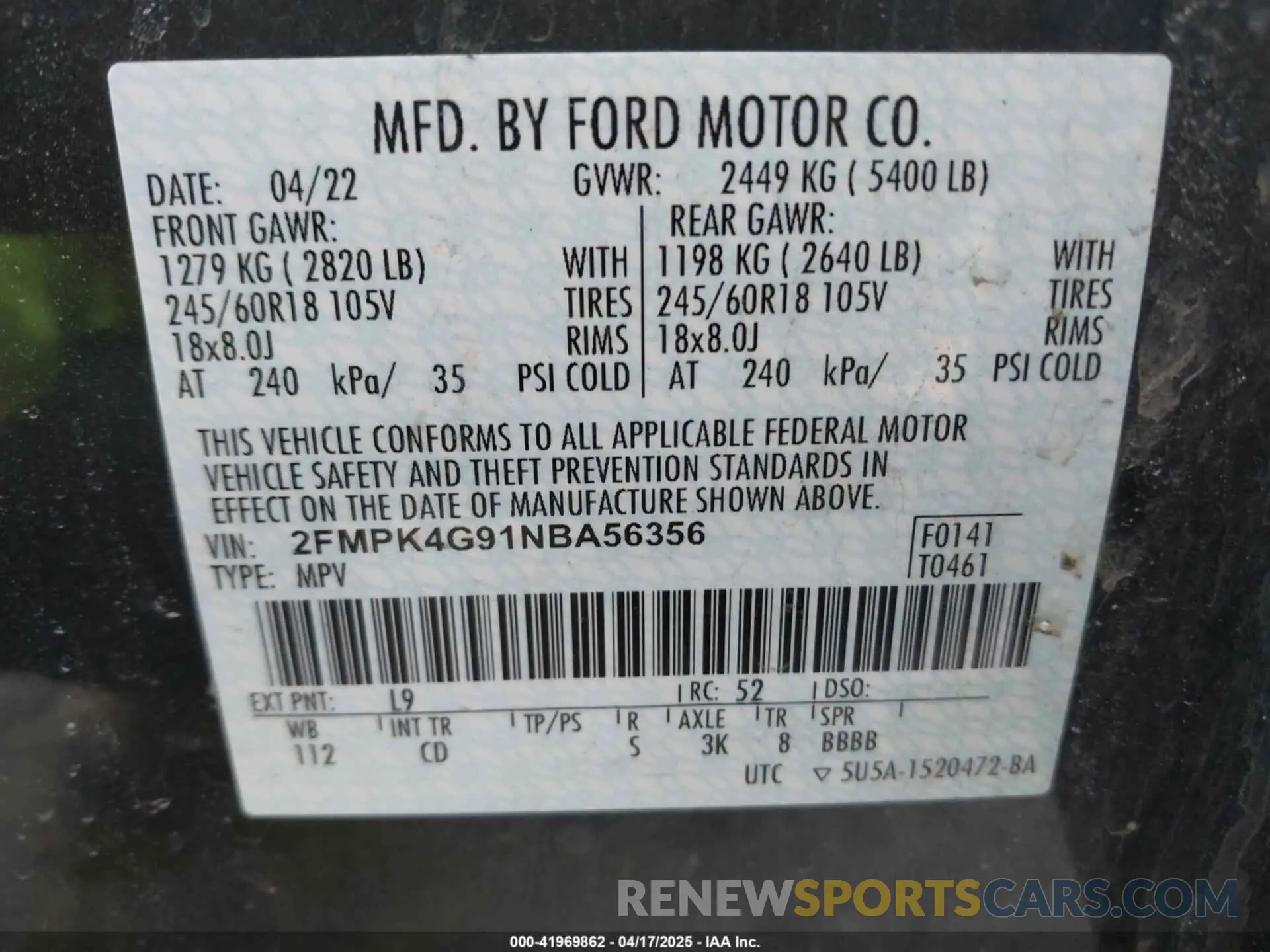 9 Photograph of a damaged car 2FMPK4G91NBA56356 FORD EDGE 2022