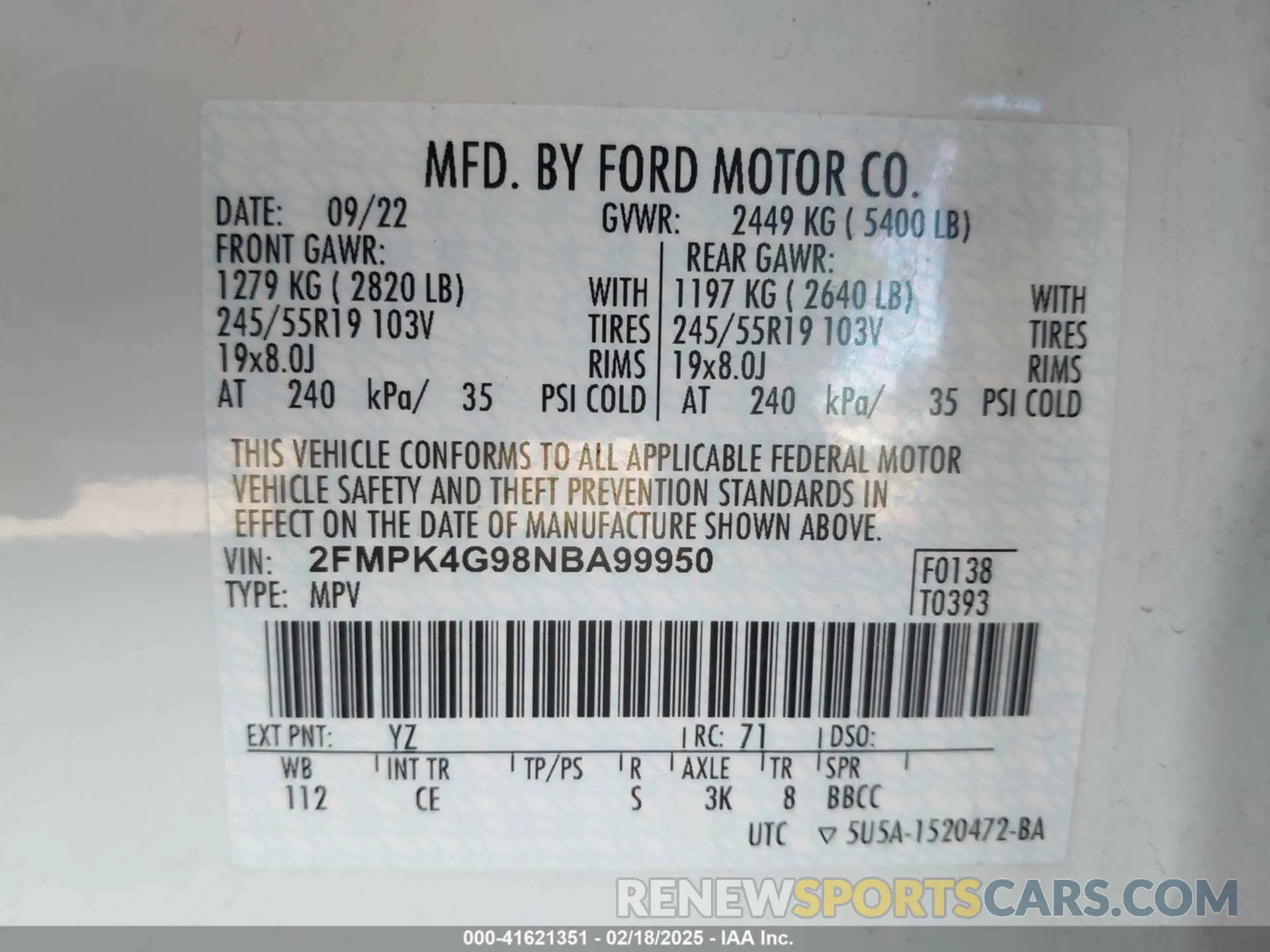 9 Photograph of a damaged car 2FMPK4G98NBA99950 FORD EDGE 2022