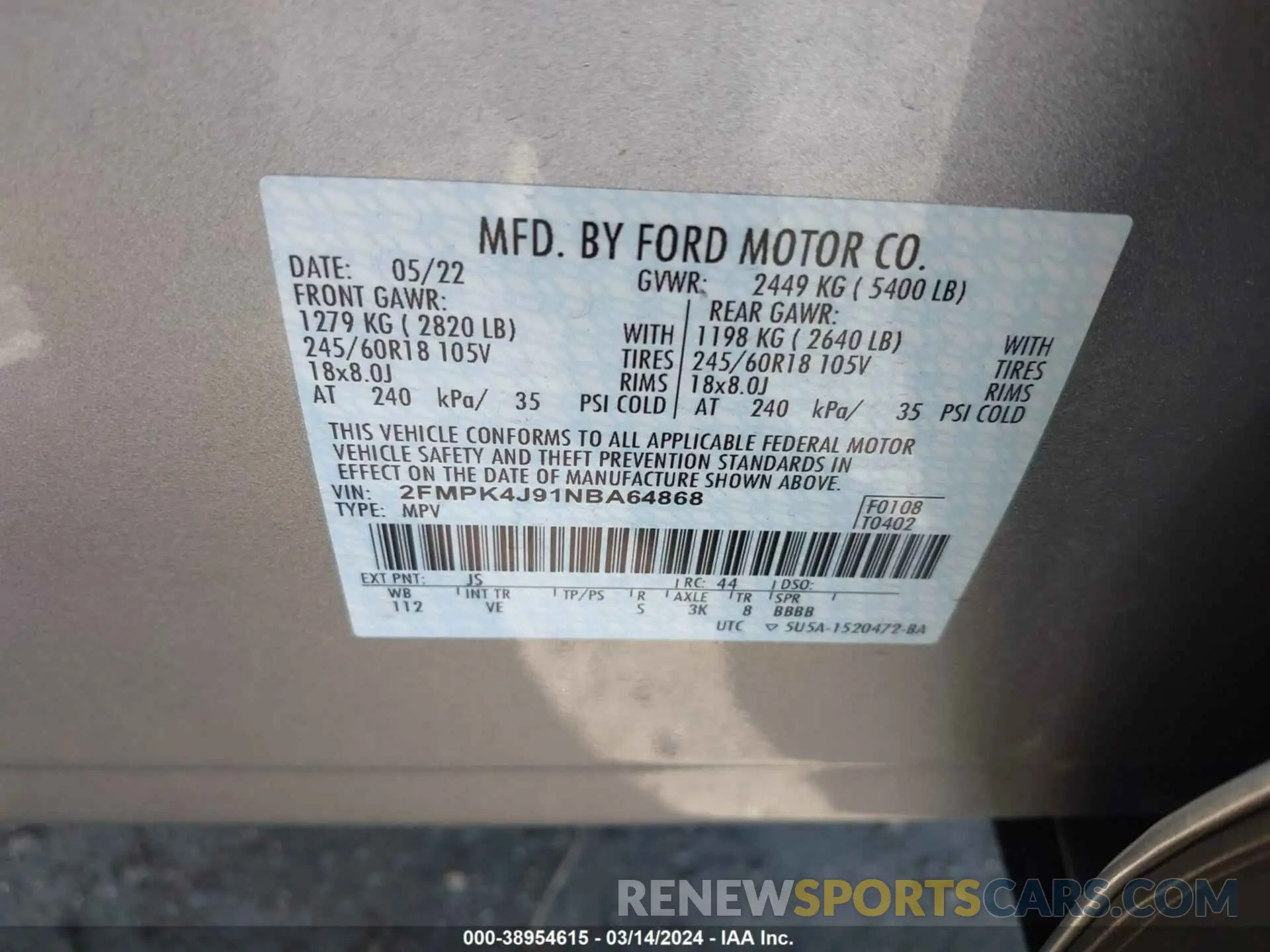 9 Photograph of a damaged car 2FMPK4J91NBA64868 FORD EDGE 2022