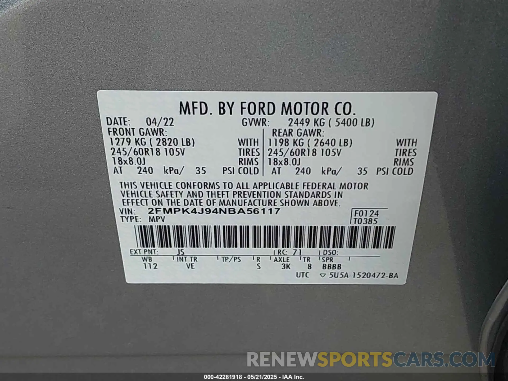 9 Photograph of a damaged car 2FMPK4J94NBA56117 FORD EDGE 2022