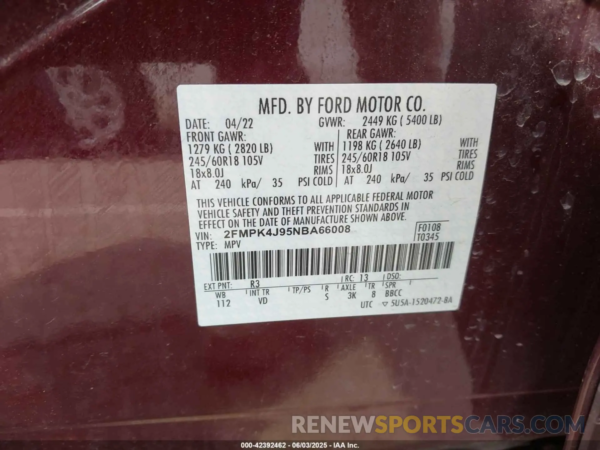 9 Photograph of a damaged car 2FMPK4J95NBA66008 FORD EDGE 2022
