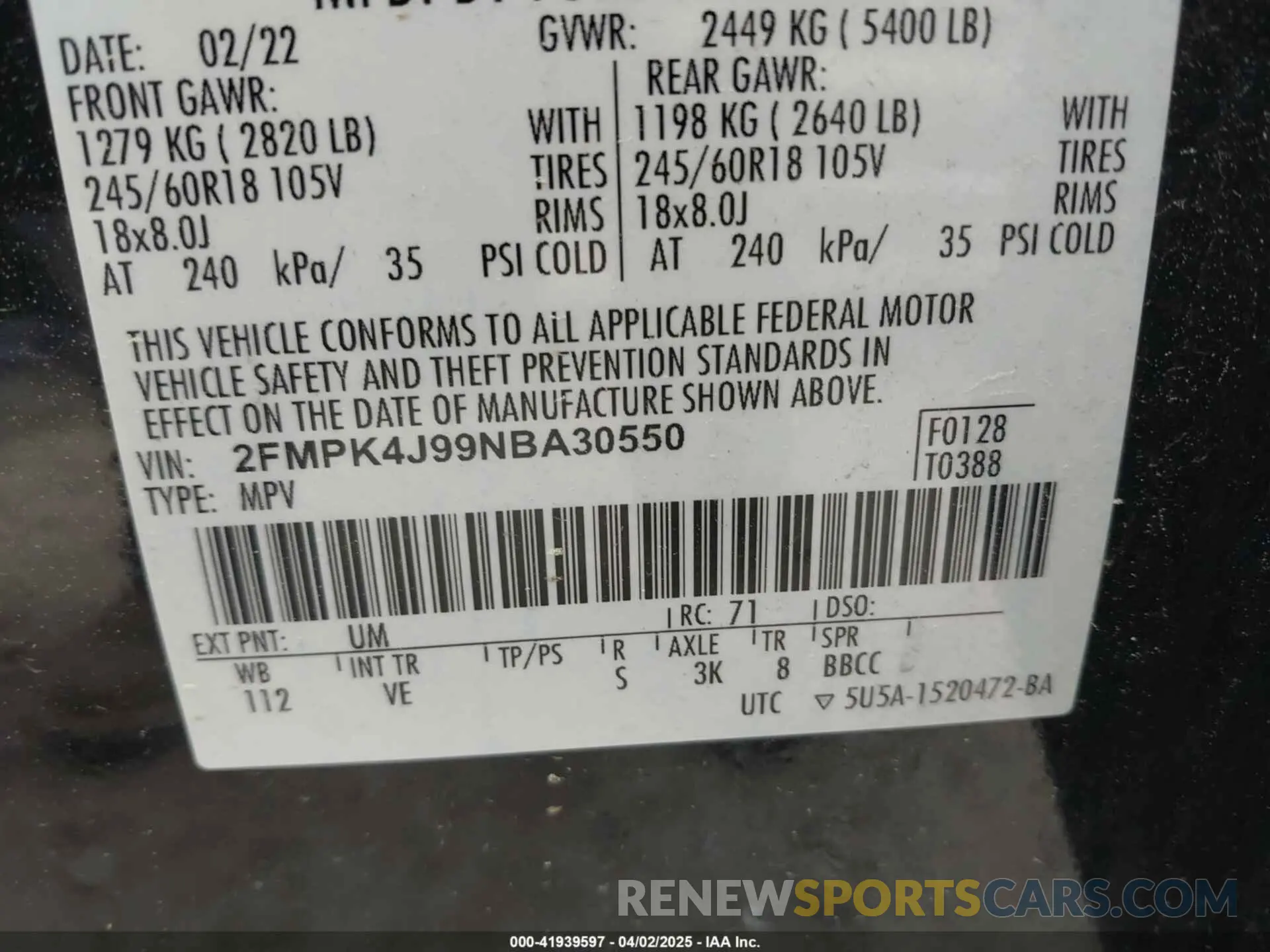 9 Photograph of a damaged car 2FMPK4J99NBA30550 FORD EDGE 2022