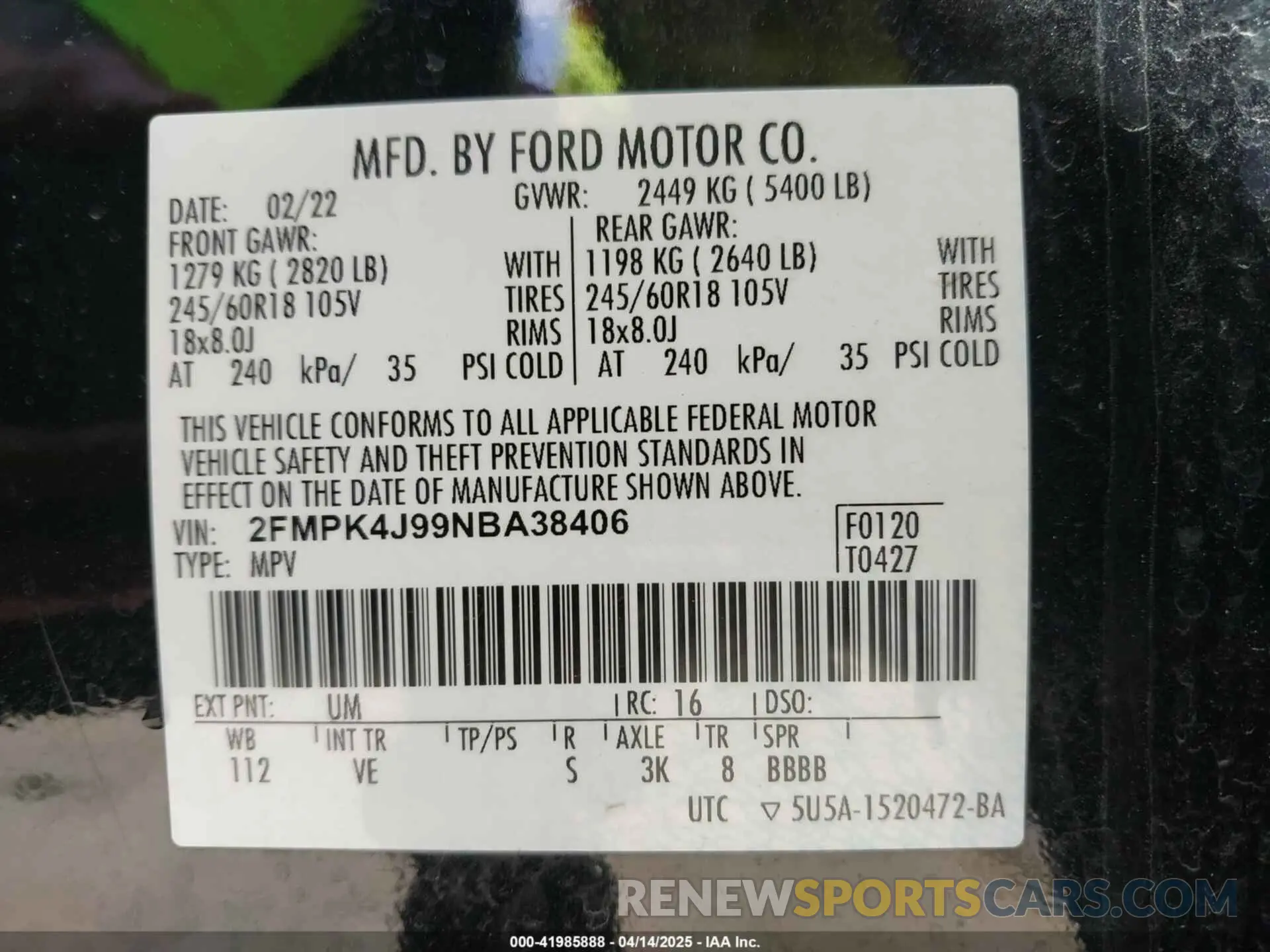 9 Photograph of a damaged car 2FMPK4J99NBA38406 FORD EDGE 2022