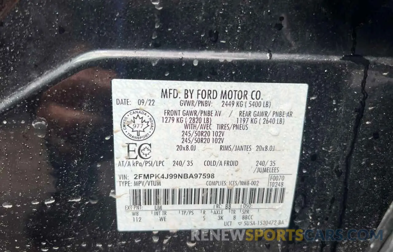 10 Photograph of a damaged car 2FMPK4J99NBA97598 FORD EDGE 2022