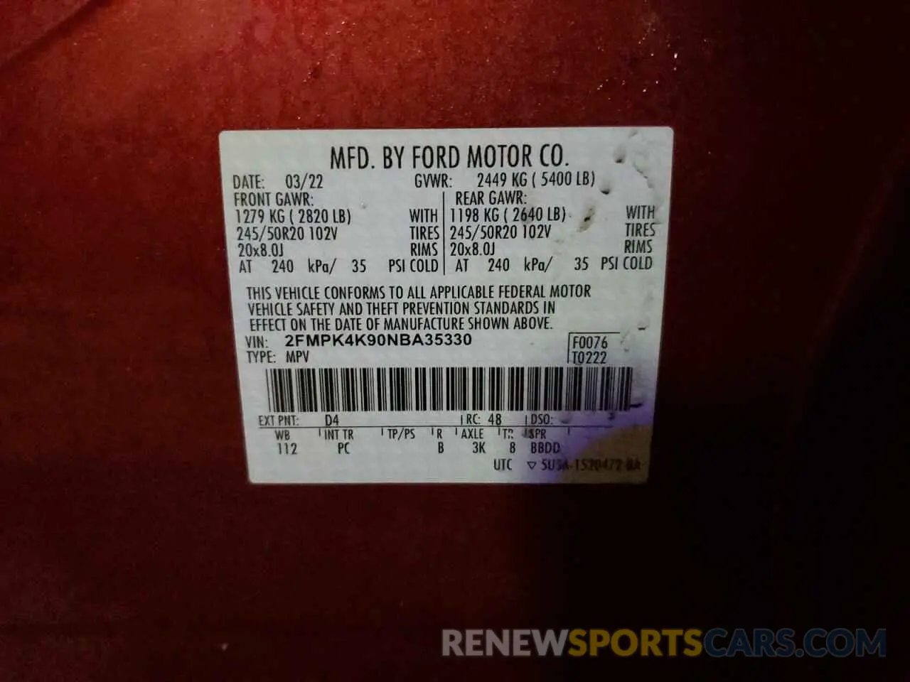12 Photograph of a damaged car 2FMPK4K90NBA35330 FORD EDGE 2022