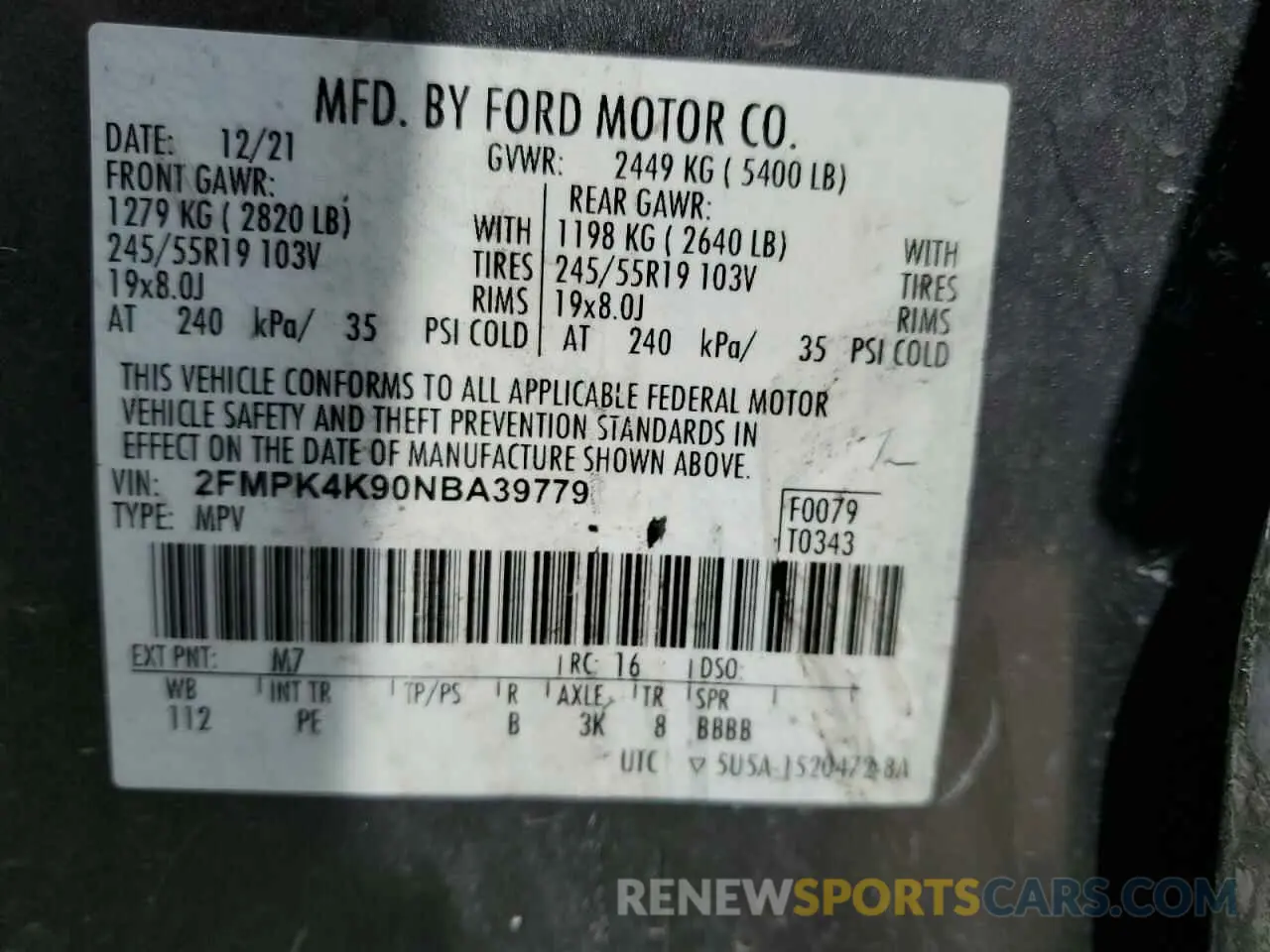 15 Photograph of a damaged car 2FMPK4K90NBA39779 FORD EDGE 2022