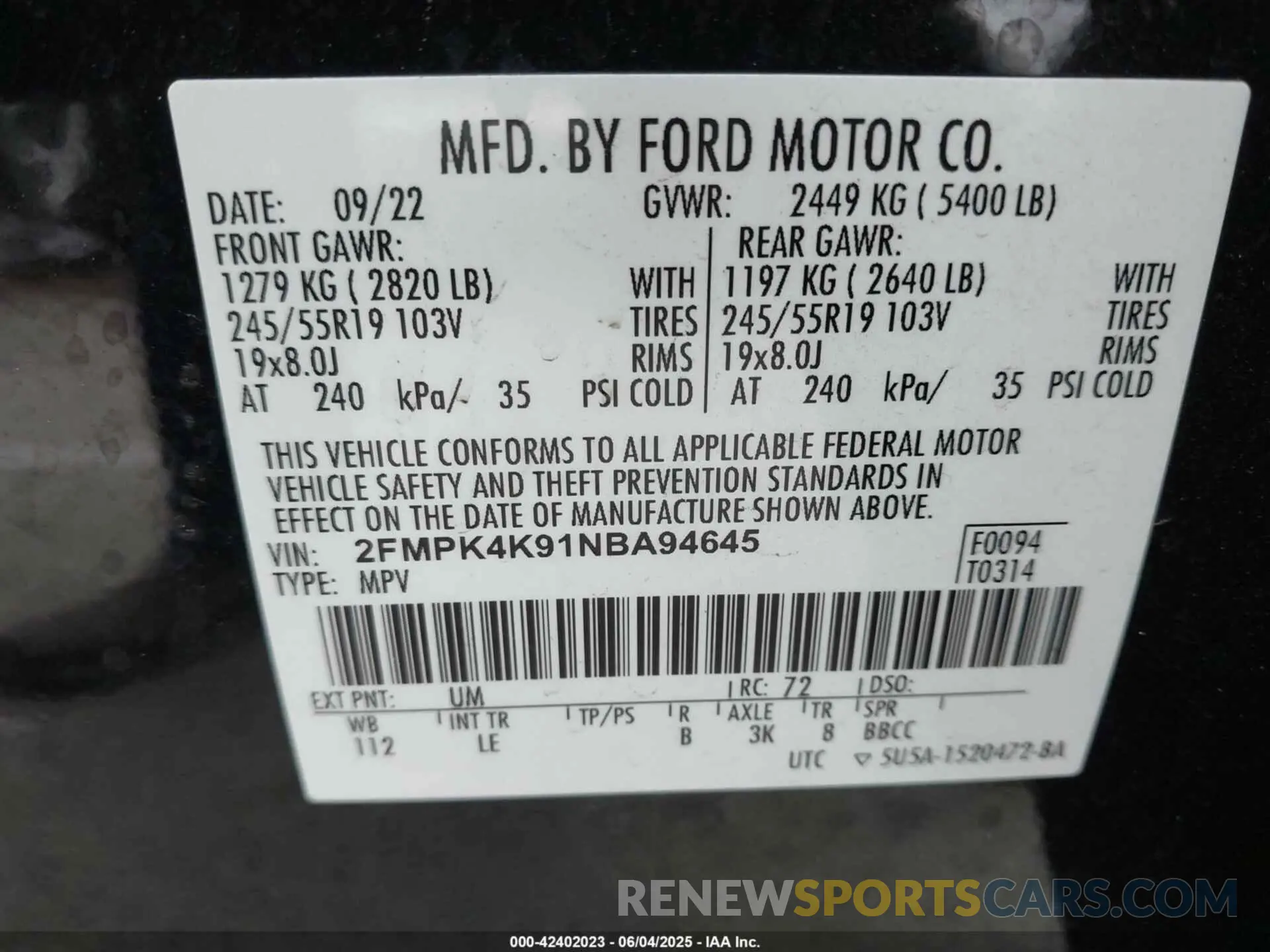9 Photograph of a damaged car 2FMPK4K91NBA94645 FORD EDGE 2022