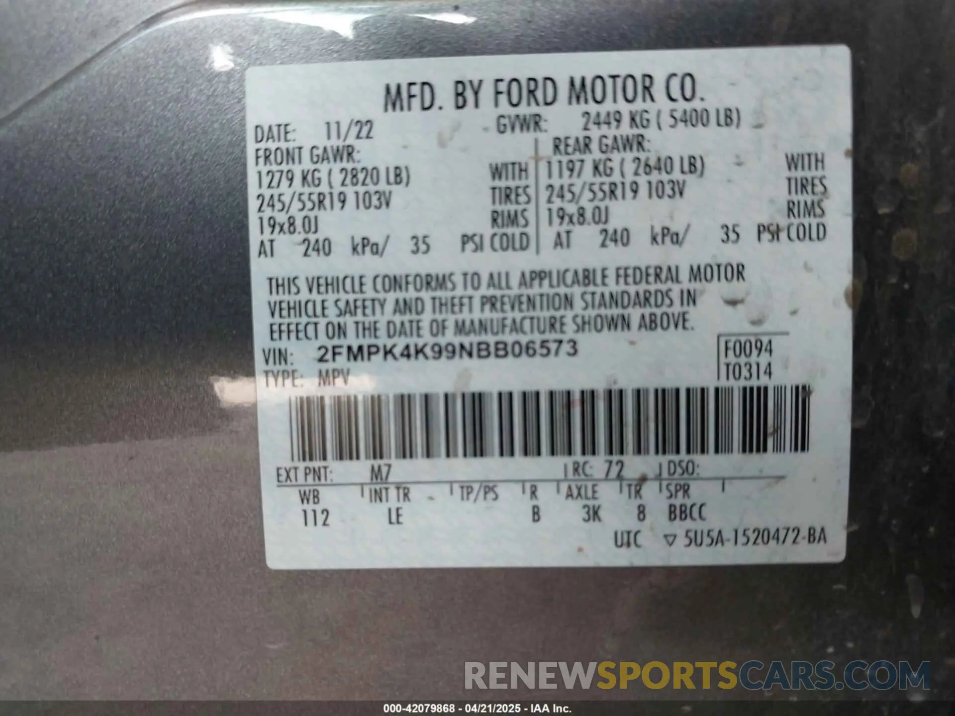 9 Photograph of a damaged car 2FMPK4K99NBB06573 FORD EDGE 2022