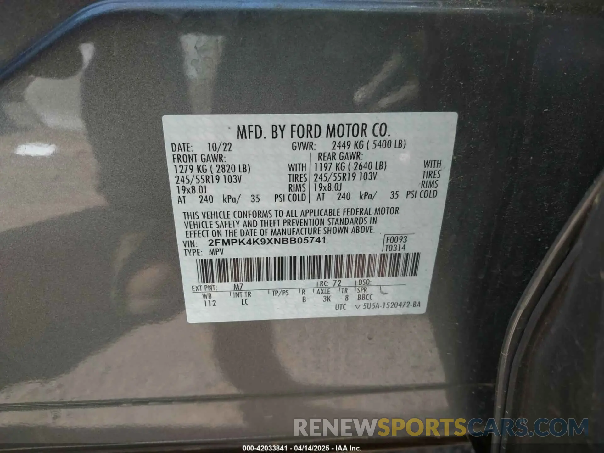 9 Photograph of a damaged car 2FMPK4K9XNBB05741 FORD EDGE 2022
