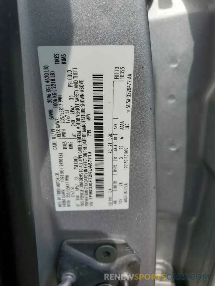 12 Photograph of a damaged car 1FMCU0F72KUA87719 FORD ESCAPE 2019
