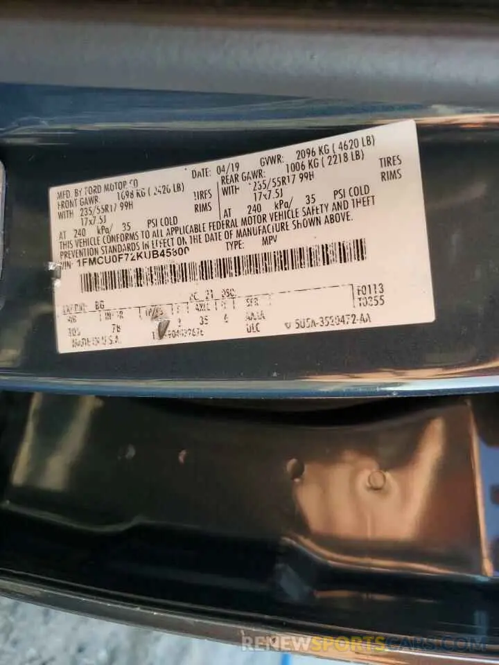 13 Photograph of a damaged car 1FMCU0F72KUB45800 FORD ESCAPE 2019