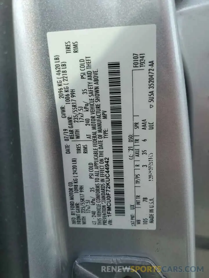 13 Photograph of a damaged car 1FMCU0F72KUC44942 FORD ESCAPE 2019