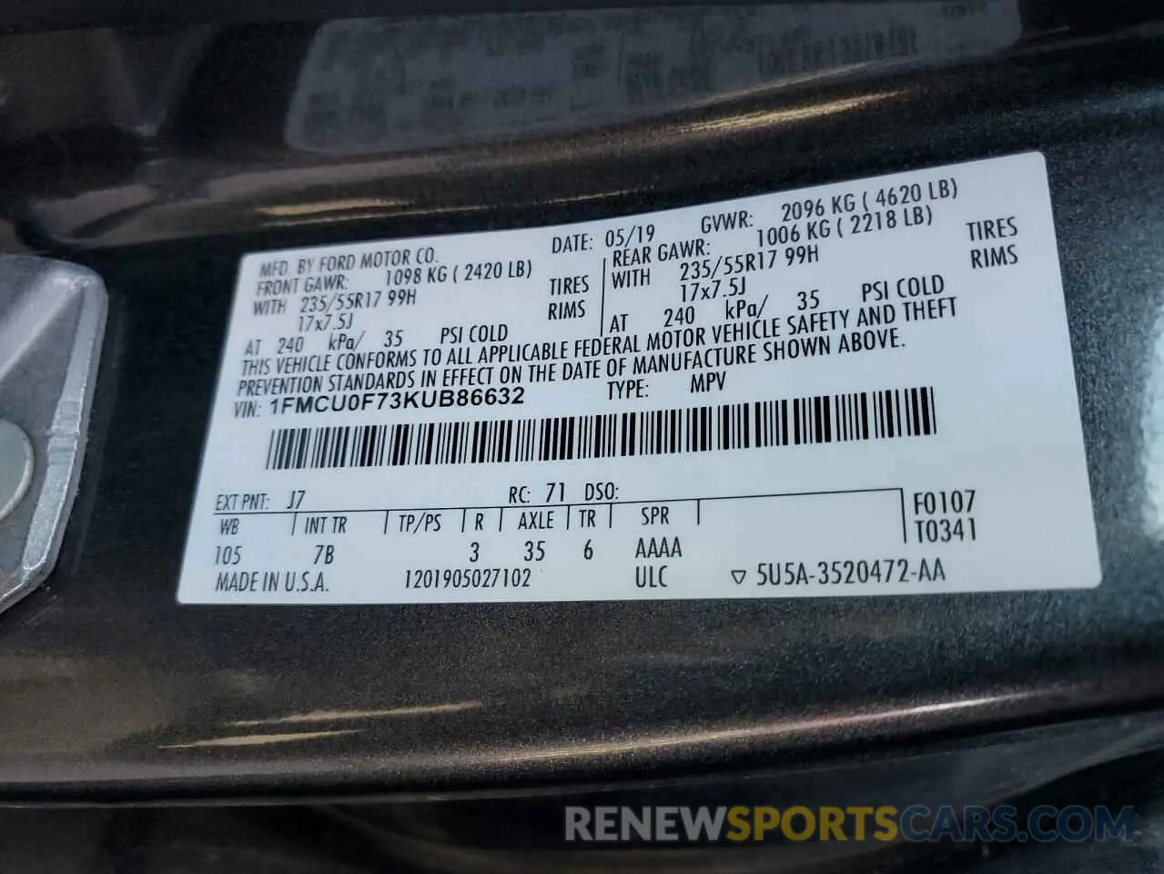 14 Photograph of a damaged car 1FMCU0F73KUB86632 FORD ESCAPE 2019