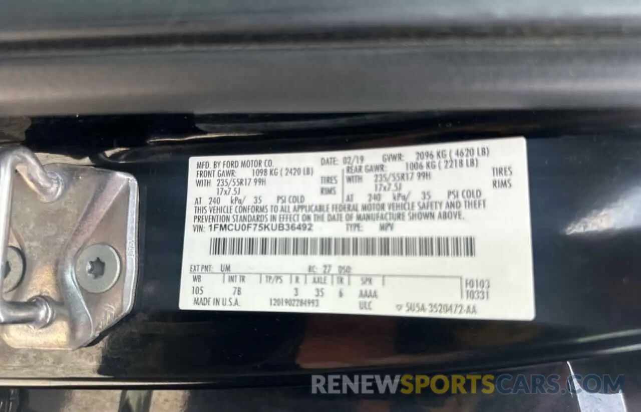 10 Photograph of a damaged car 1FMCU0F75KUB36492 FORD ESCAPE 2019