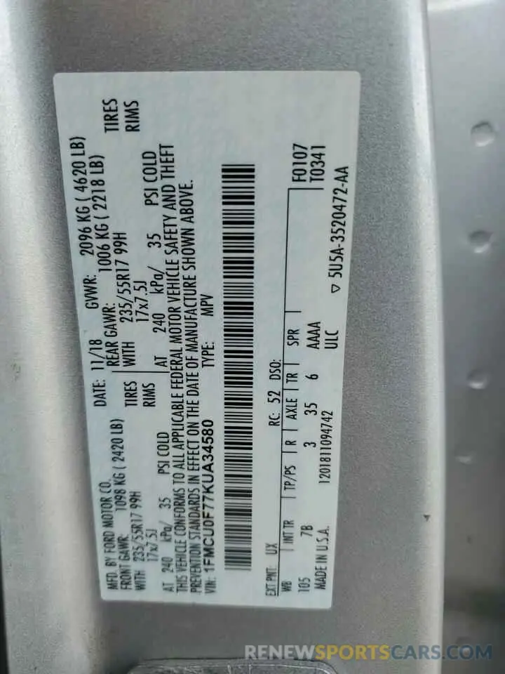 13 Photograph of a damaged car 1FMCU0F77KUA34580 FORD ESCAPE 2019