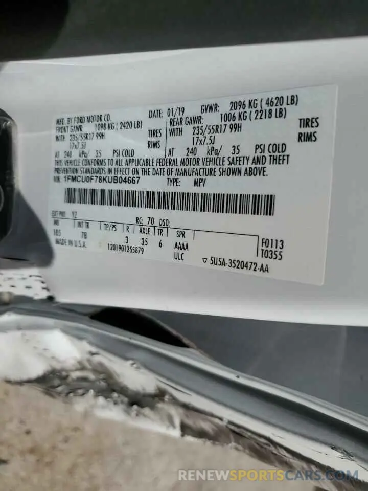 13 Photograph of a damaged car 1FMCU0F78KUB04667 FORD ESCAPE 2019