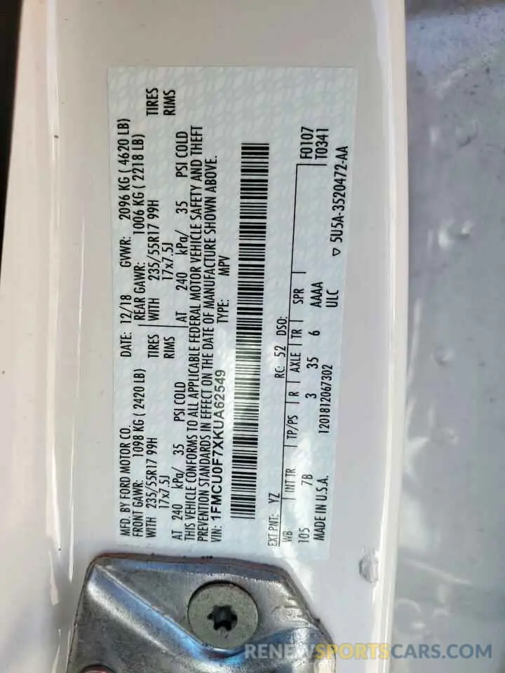 13 Photograph of a damaged car 1FMCU0F7XKUA62549 FORD ESCAPE 2019