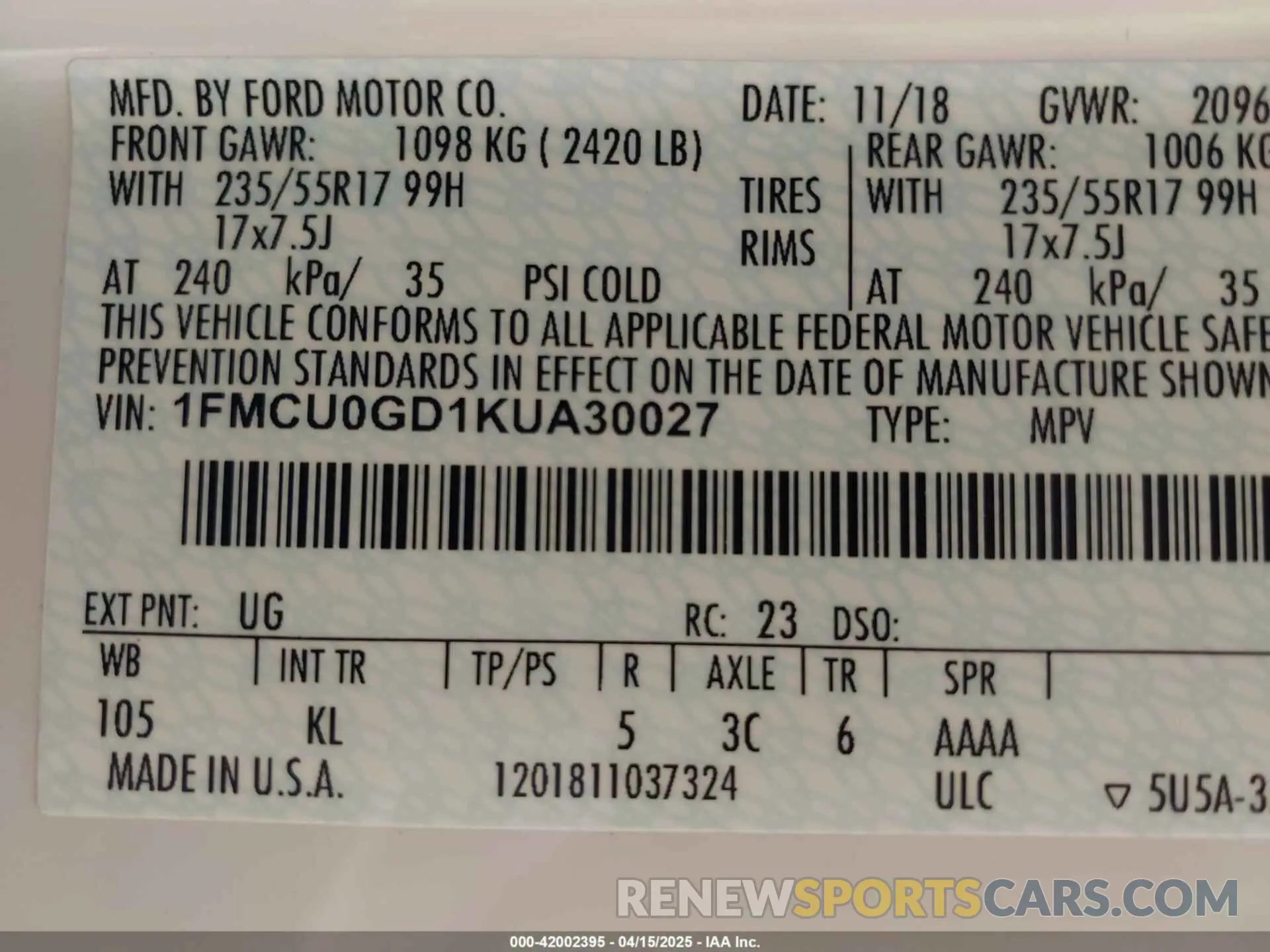 9 Photograph of a damaged car 1FMCU0GD1KUA30027 FORD ESCAPE 2019
