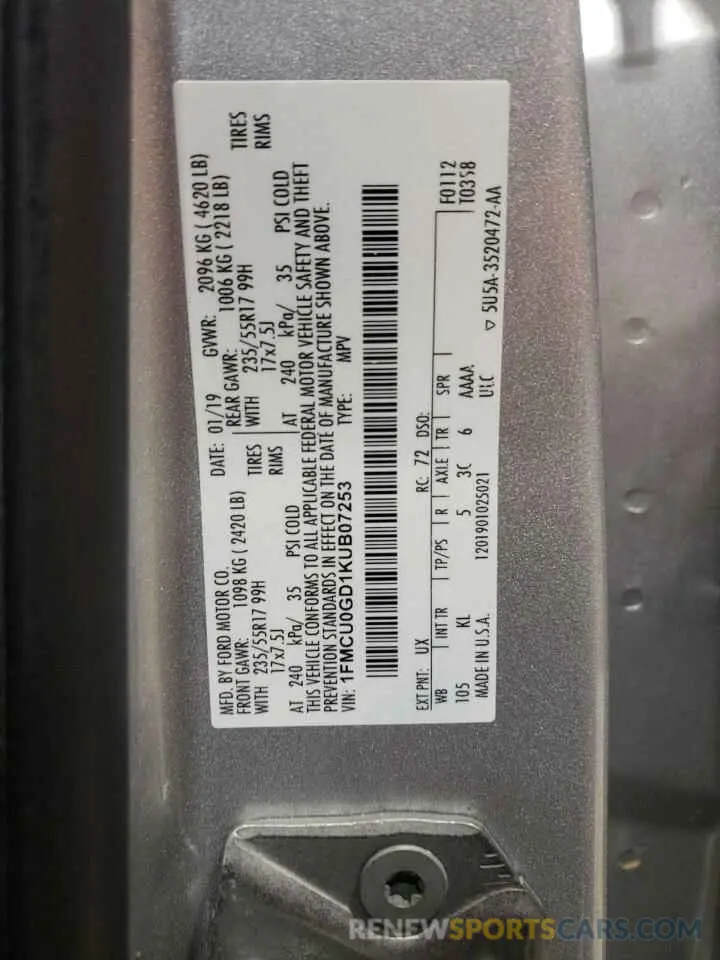 12 Photograph of a damaged car 1FMCU0GD1KUB07253 FORD ESCAPE 2019
