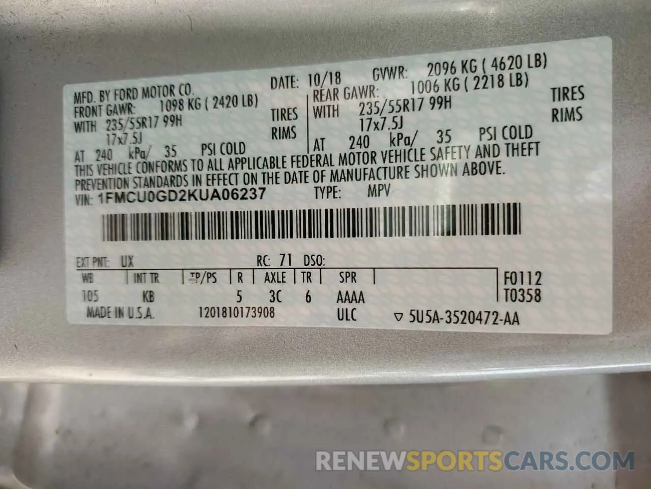 12 Photograph of a damaged car 1FMCU0GD2KUA06237 FORD ESCAPE 2019