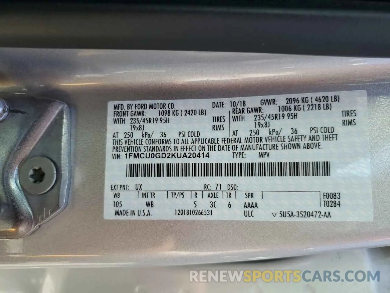 12 Photograph of a damaged car 1FMCU0GD2KUA20414 FORD ESCAPE 2019