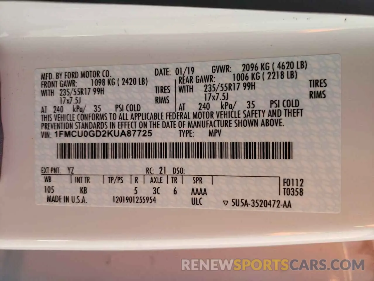 14 Photograph of a damaged car 1FMCU0GD2KUA87725 FORD ESCAPE 2019