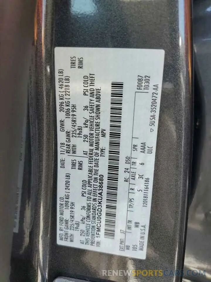 14 Photograph of a damaged car 1FMCU0GD3KUA38680 FORD ESCAPE 2019