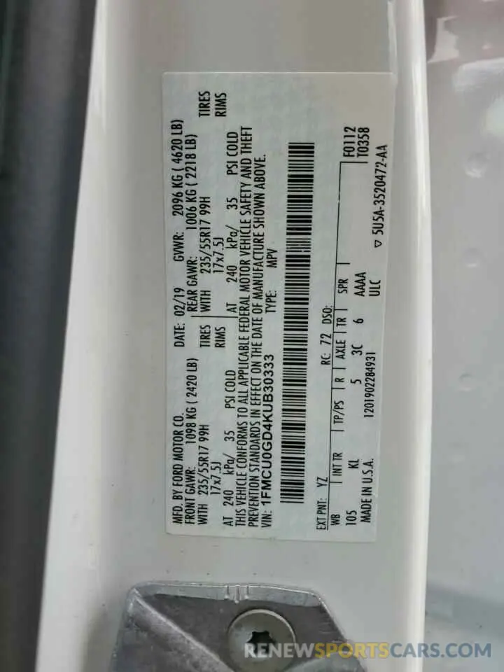 13 Photograph of a damaged car 1FMCU0GD4KUB30333 FORD ESCAPE 2019