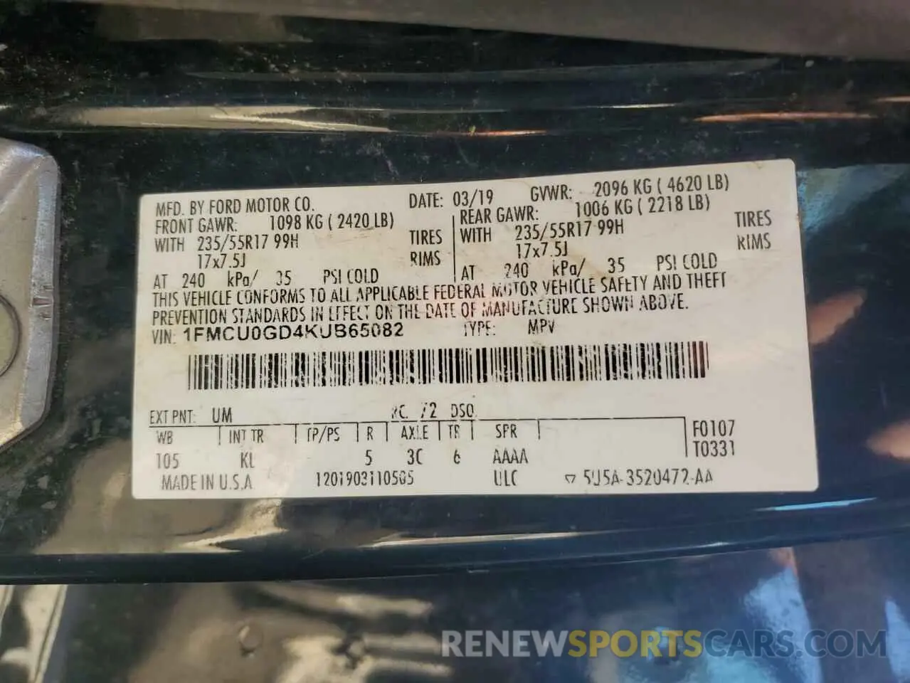 14 Photograph of a damaged car 1FMCU0GD4KUB65082 FORD ESCAPE 2019