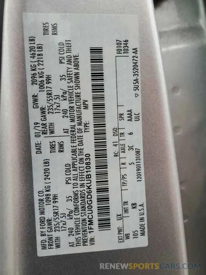 14 Photograph of a damaged car 1FMCU0GD6KUB10830 FORD ESCAPE 2019