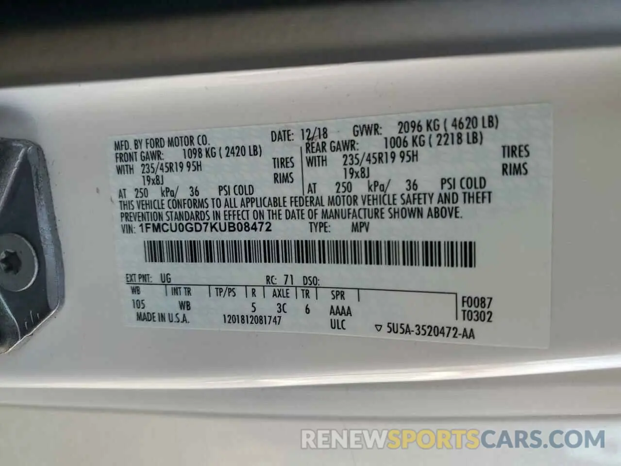 14 Photograph of a damaged car 1FMCU0GD7KUB08472 FORD ESCAPE 2019