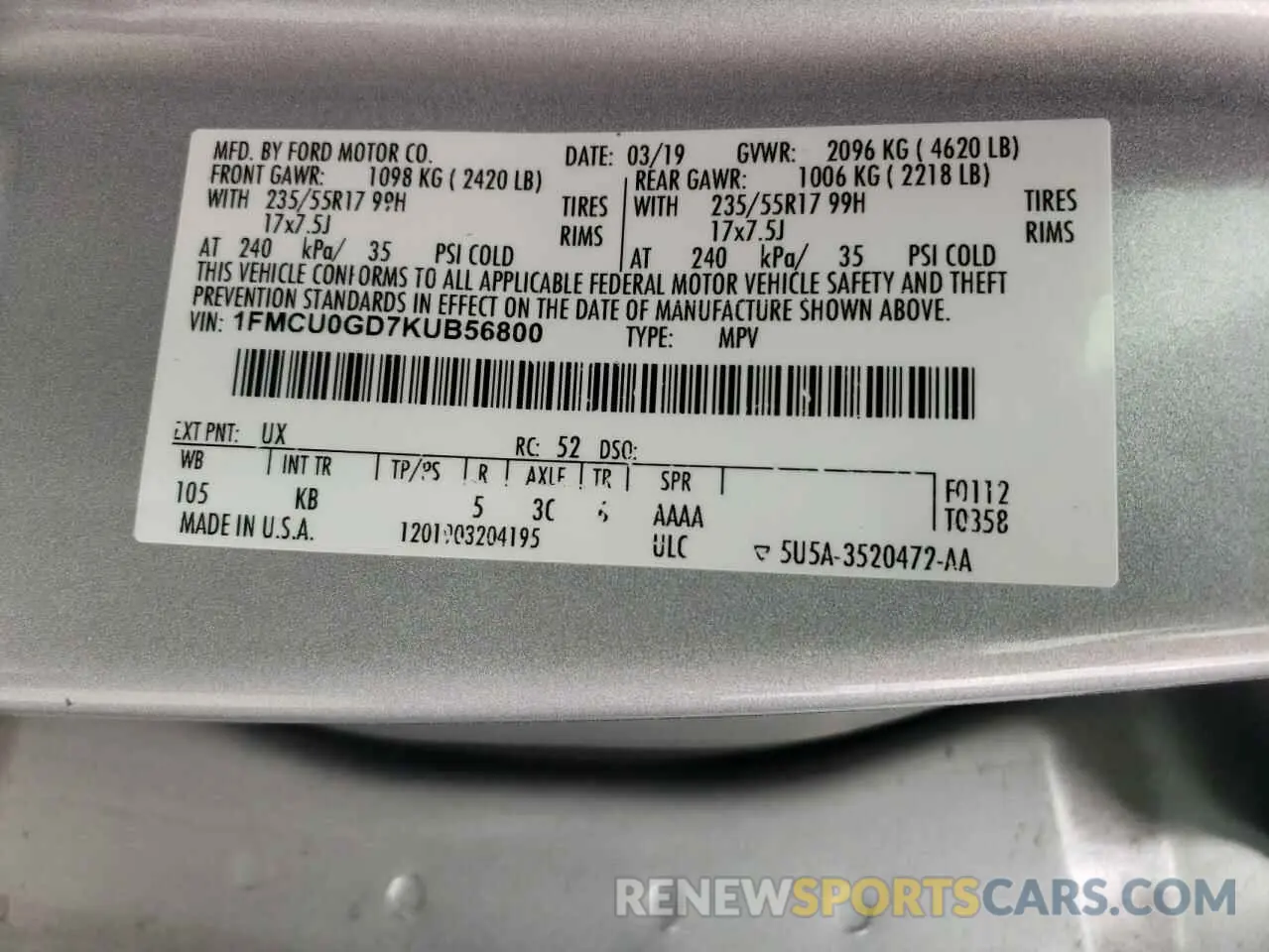 14 Photograph of a damaged car 1FMCU0GD7KUB56800 FORD ESCAPE 2019