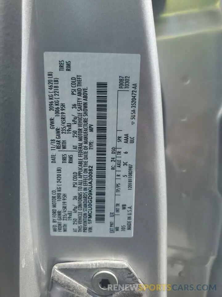 13 Photograph of a damaged car 1FMCU0GD9KUA30082 FORD ESCAPE 2019