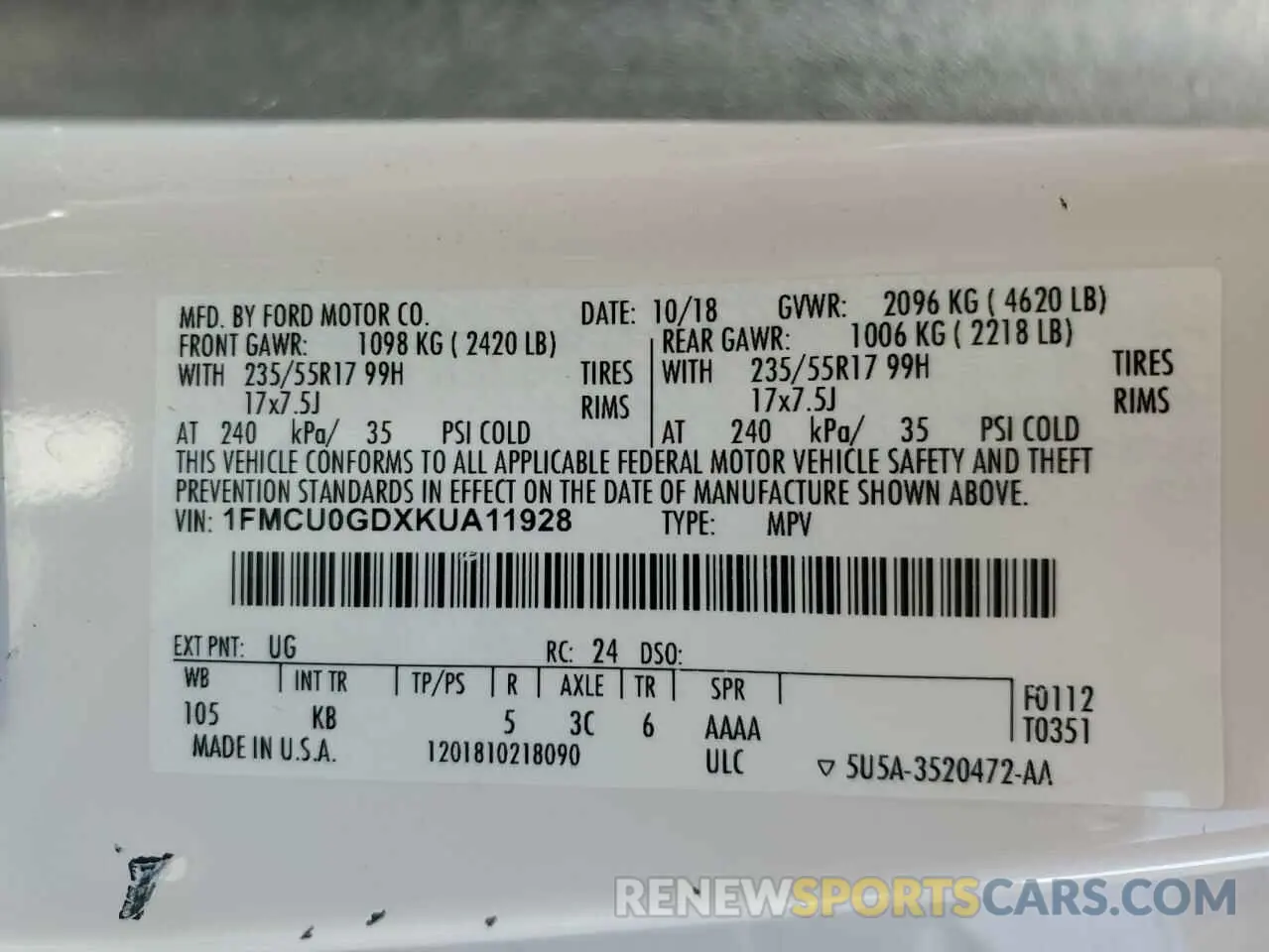 14 Photograph of a damaged car 1FMCU0GDXKUA11928 FORD ESCAPE 2019