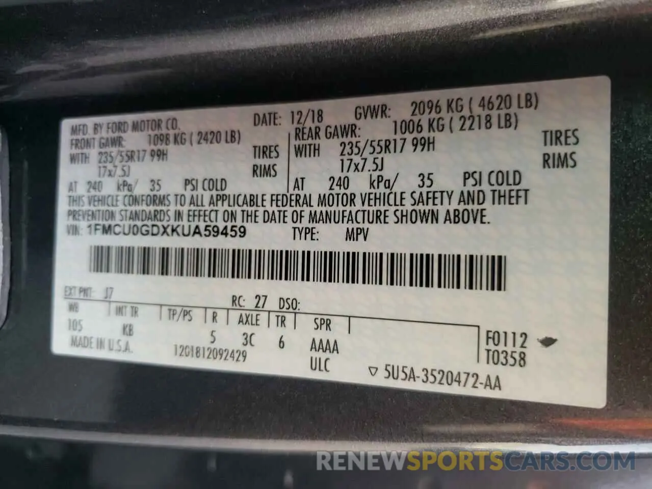 13 Photograph of a damaged car 1FMCU0GDXKUA59459 FORD ESCAPE 2019