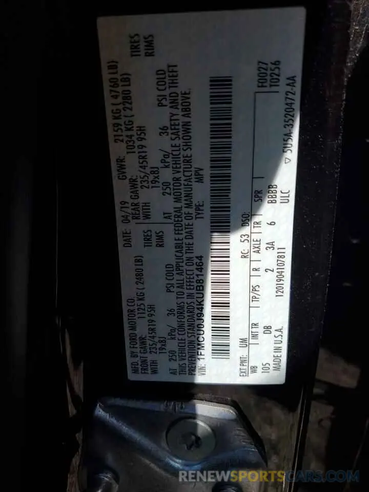 13 Photograph of a damaged car 1FMCU0J94KUB81464 FORD ESCAPE 2019