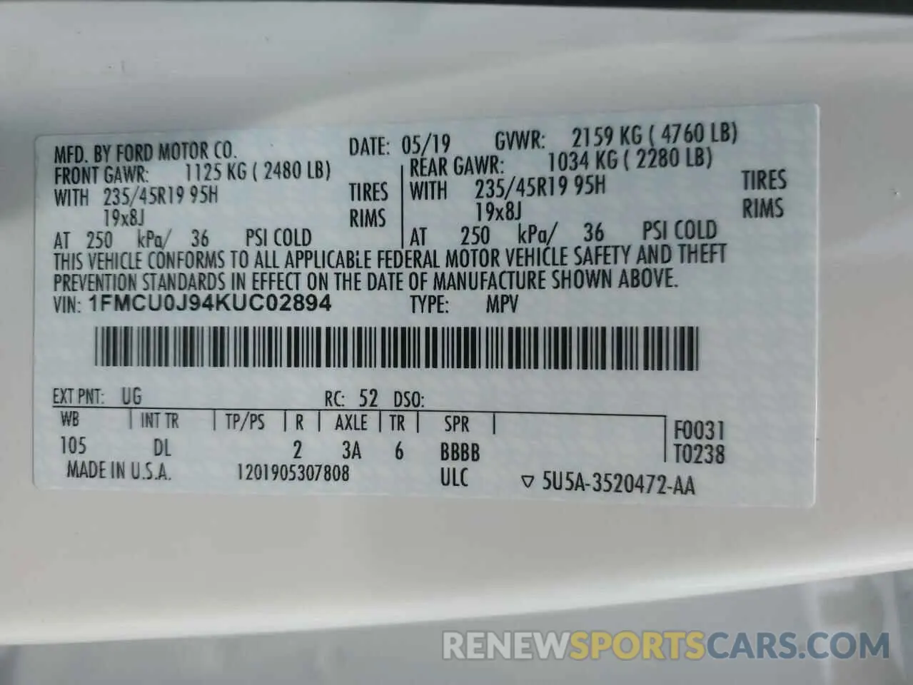 12 Photograph of a damaged car 1FMCU0J94KUC02894 FORD ESCAPE 2019