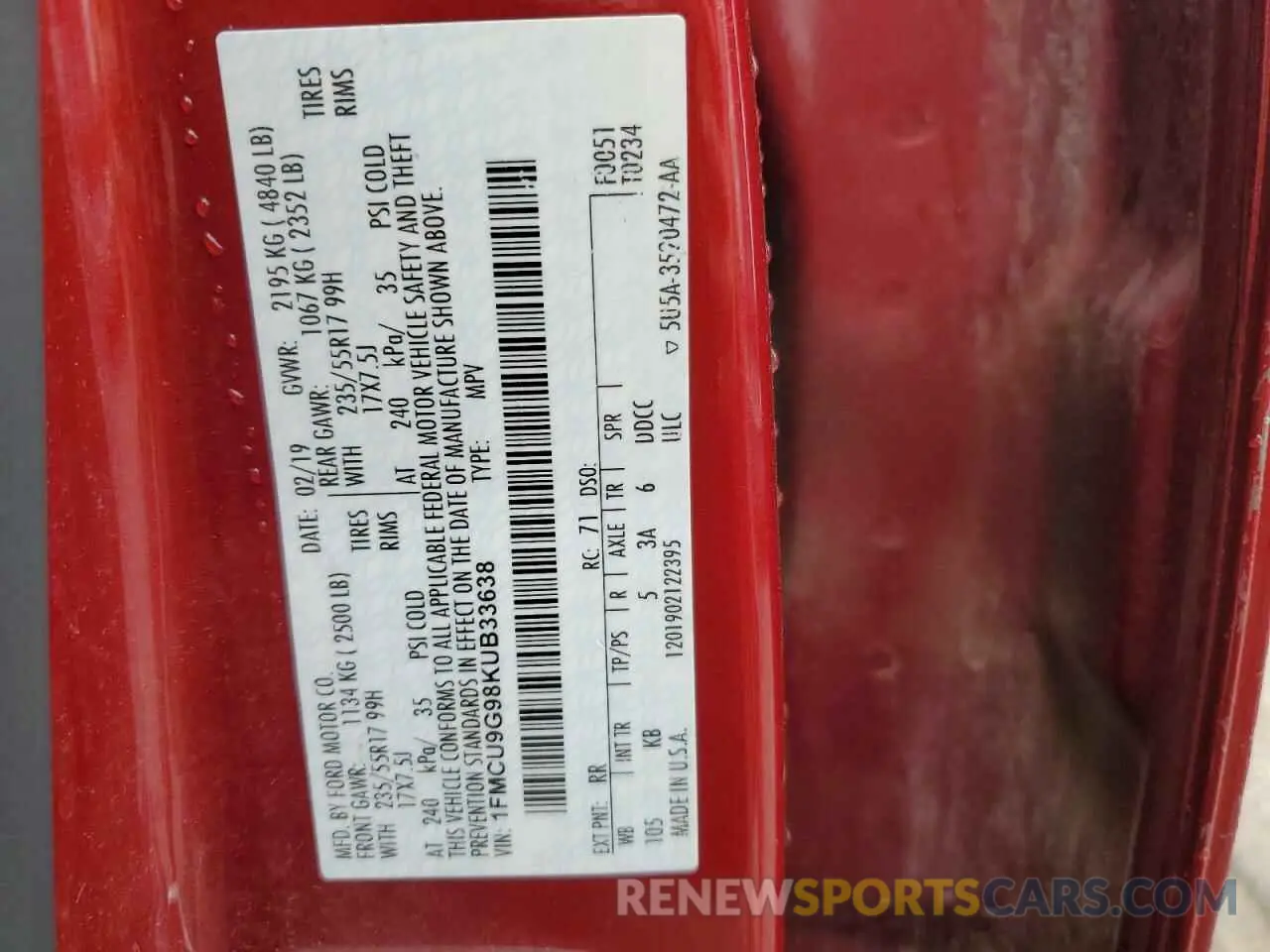 13 Photograph of a damaged car 1FMCU9G98KUB33638 FORD ESCAPE 2019