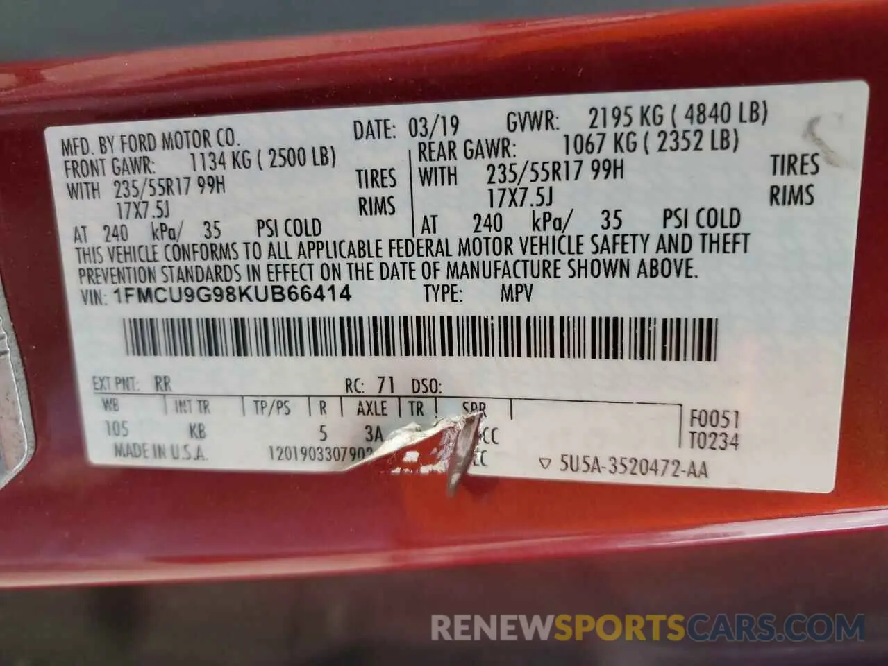 13 Photograph of a damaged car 1FMCU9G98KUB66414 FORD ESCAPE 2019