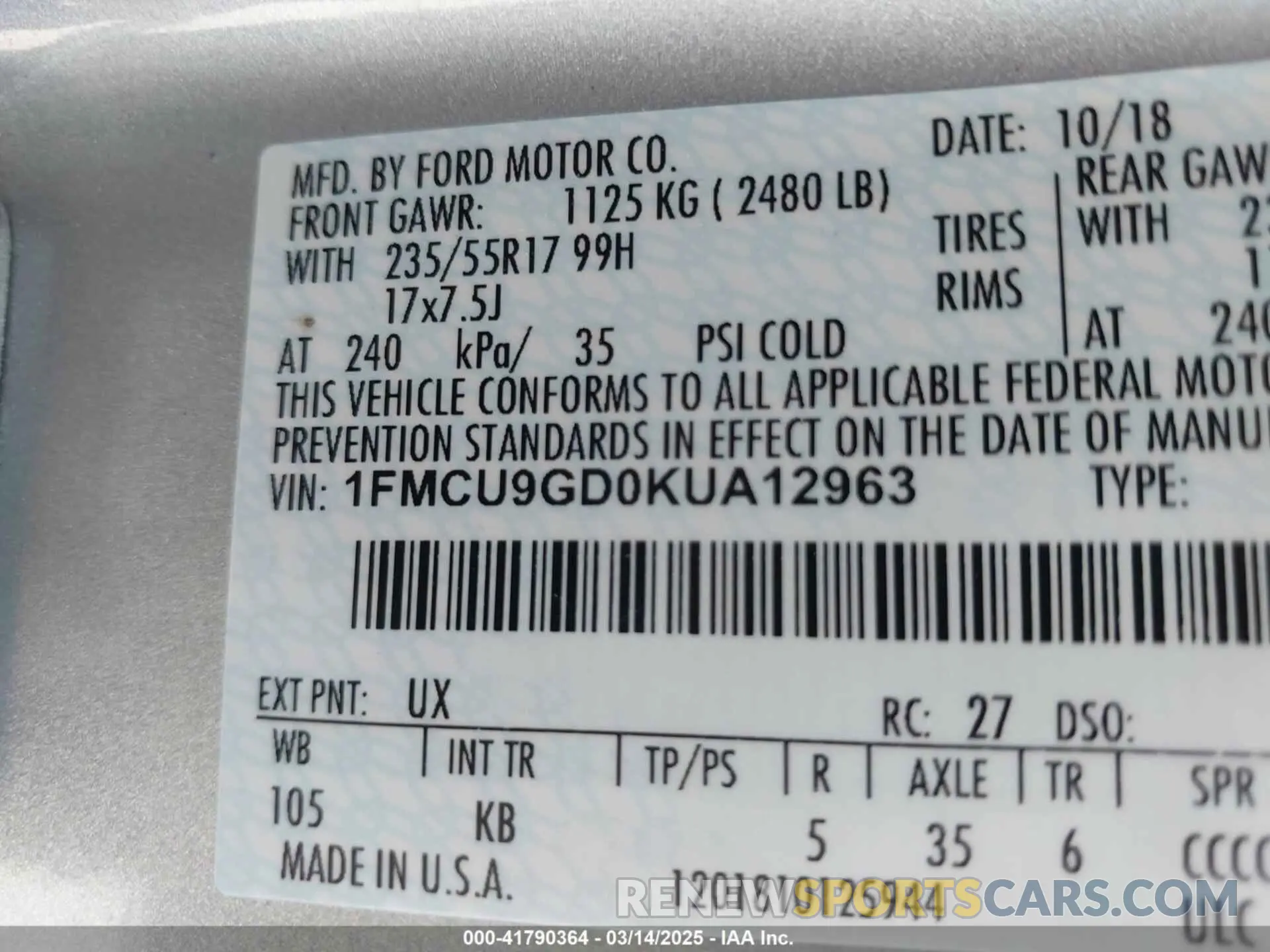 9 Photograph of a damaged car 1FMCU9GD0KUA12963 FORD ESCAPE 2019