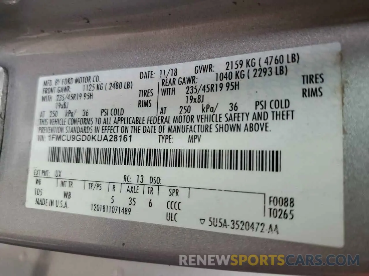 13 Photograph of a damaged car 1FMCU9GD0KUA28161 FORD ESCAPE 2019