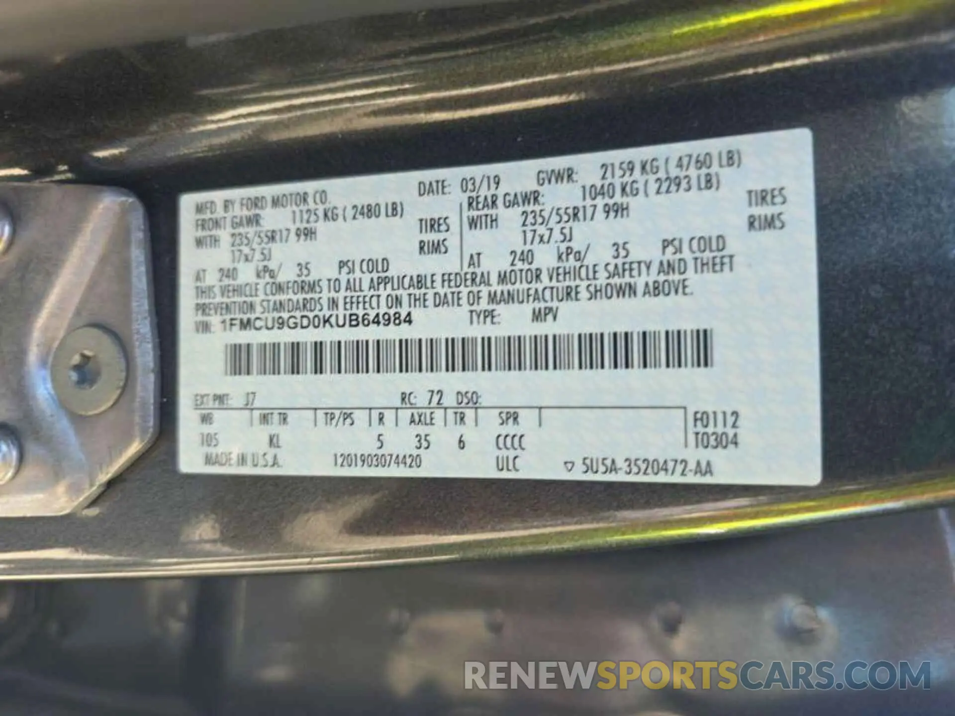 12 Photograph of a damaged car 1FMCU9GD0KUB64984 FORD ESCAPE 2019