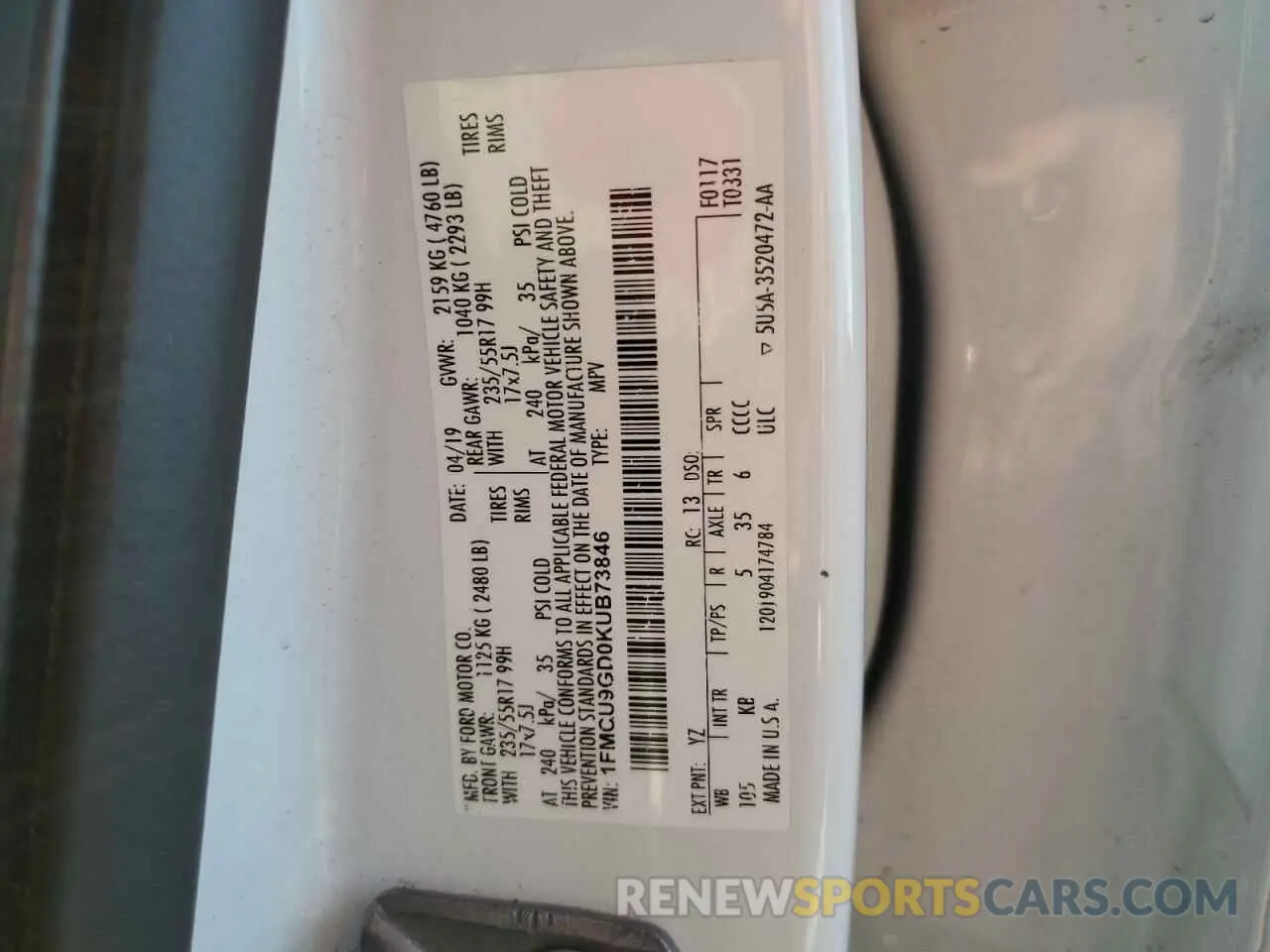 13 Photograph of a damaged car 1FMCU9GD0KUB73846 FORD ESCAPE 2019