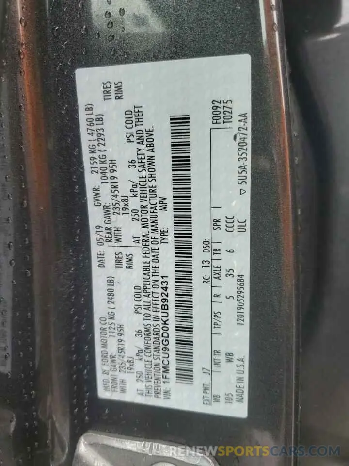13 Photograph of a damaged car 1FMCU9GD0KUB92431 FORD ESCAPE 2019
