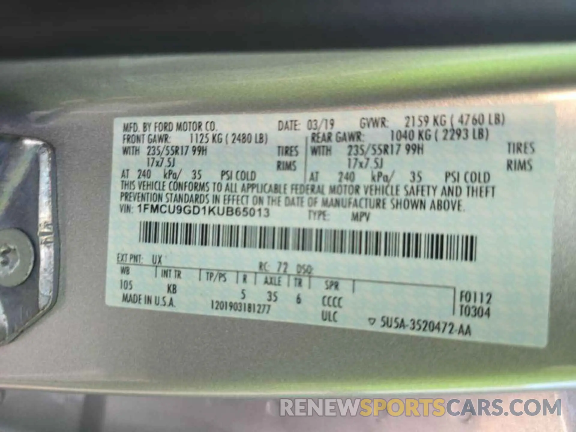 11 Photograph of a damaged car 1FMCU9GD1KUB65013 FORD ESCAPE 2019