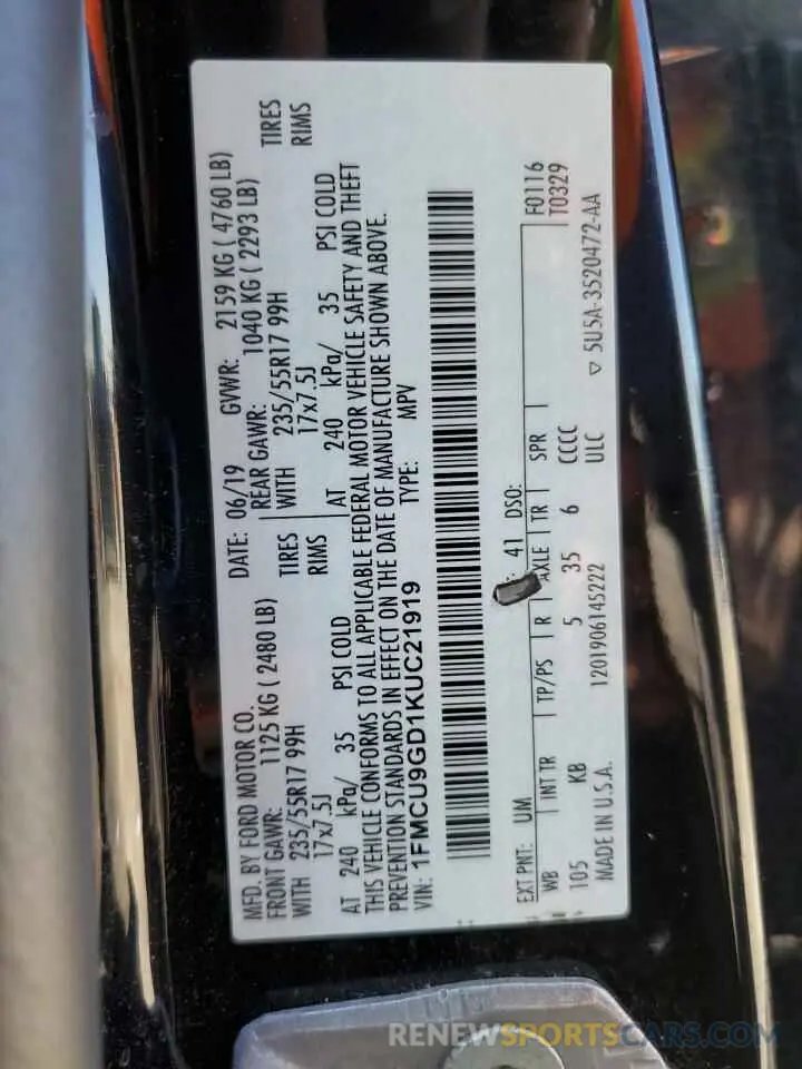 13 Photograph of a damaged car 1FMCU9GD1KUC21919 FORD ESCAPE 2019