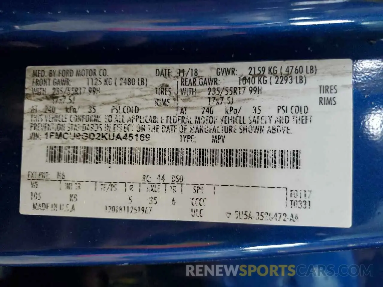 13 Photograph of a damaged car 1FMCU9GD2KUA45169 FORD ESCAPE 2019