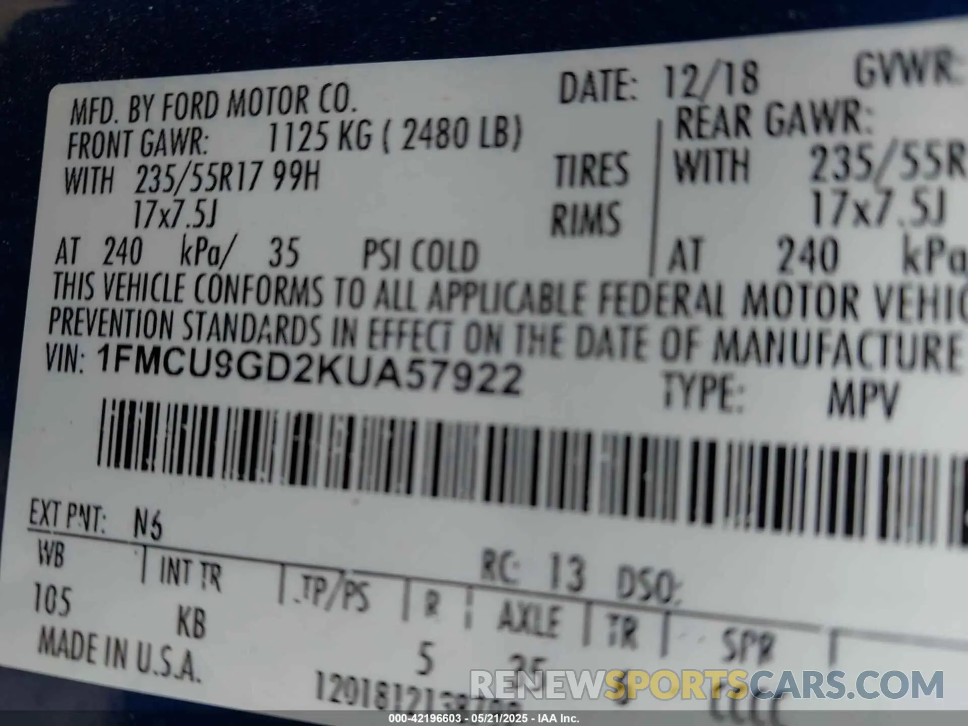 9 Photograph of a damaged car 1FMCU9GD2KUA57922 FORD ESCAPE 2019